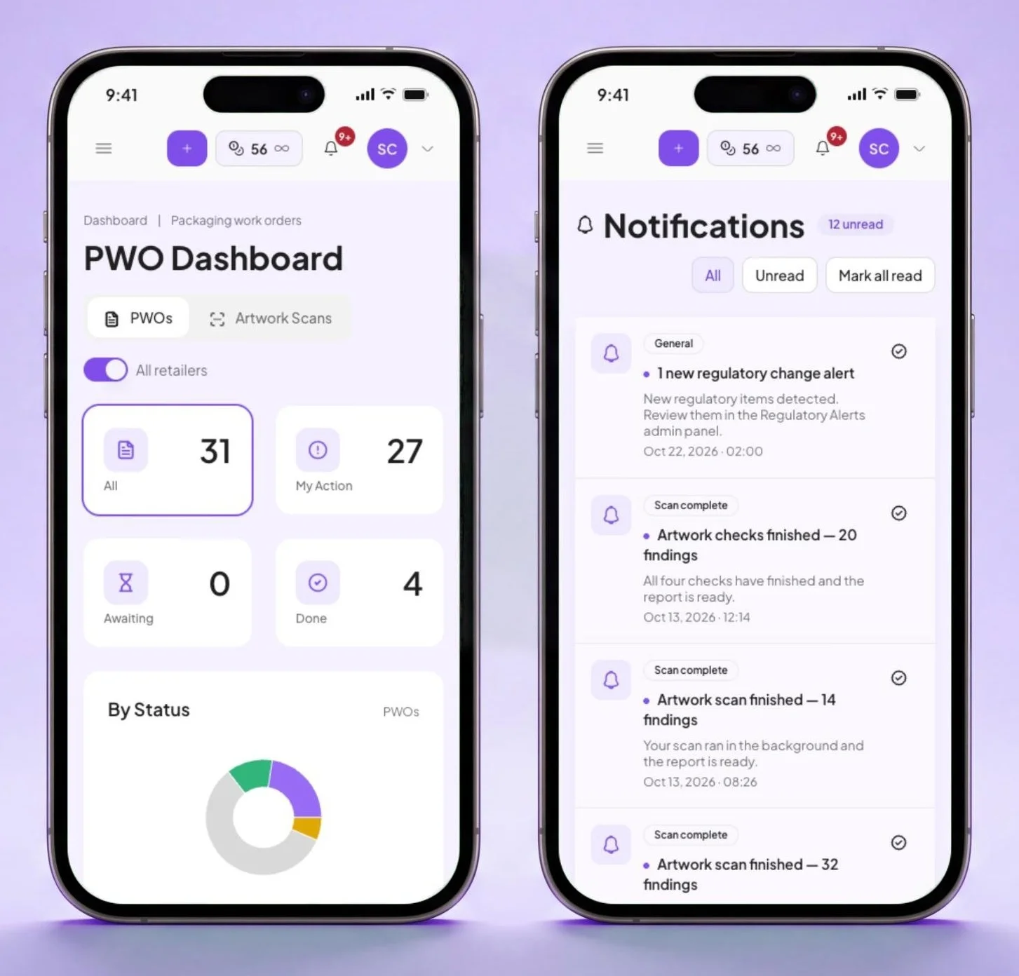 SpecOne™ dashboard and alerts on two phones
