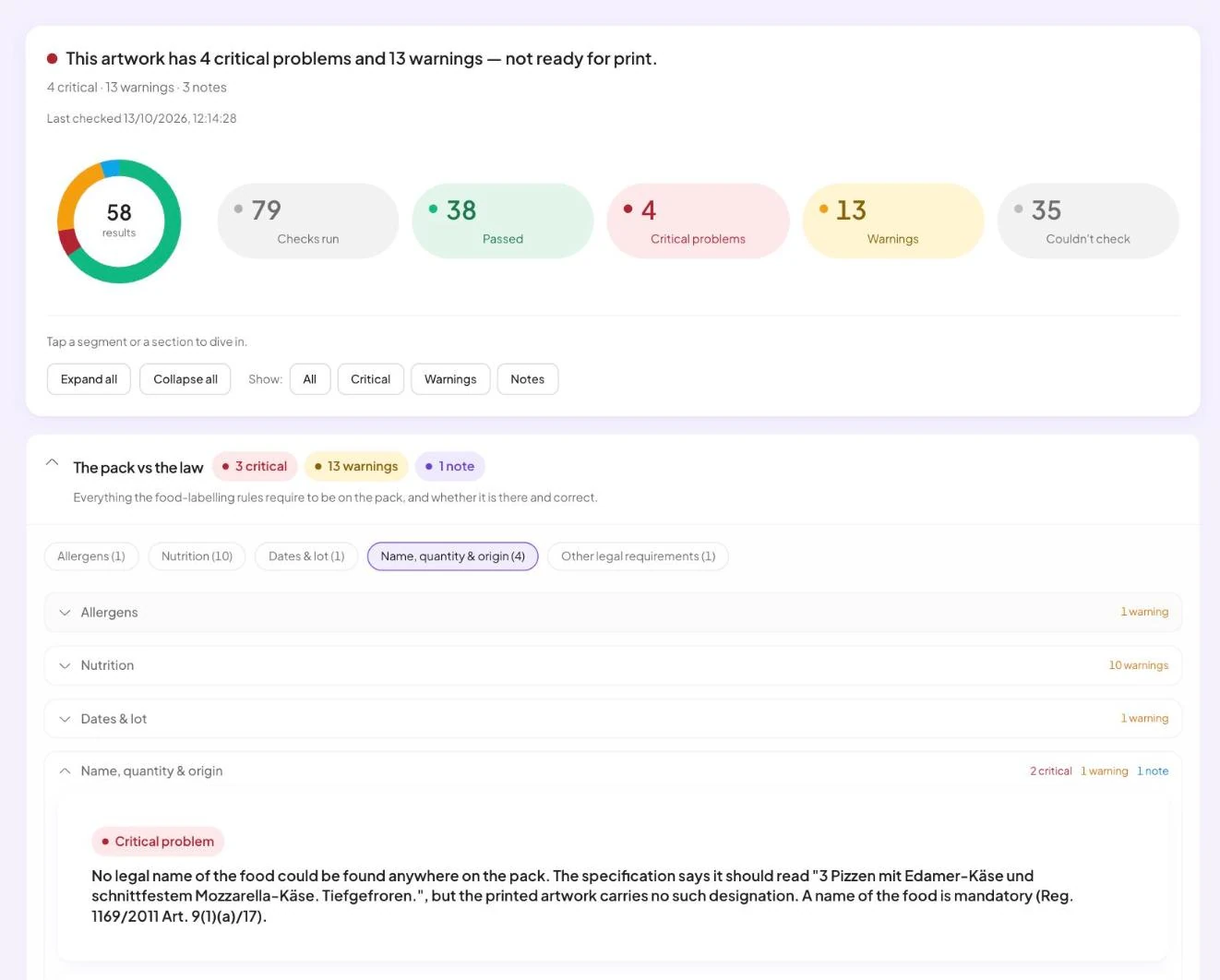 SpecOne™ compliance scan results with findings