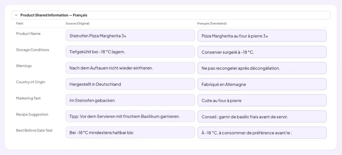 SpecOne™ label translations, source and French side by side