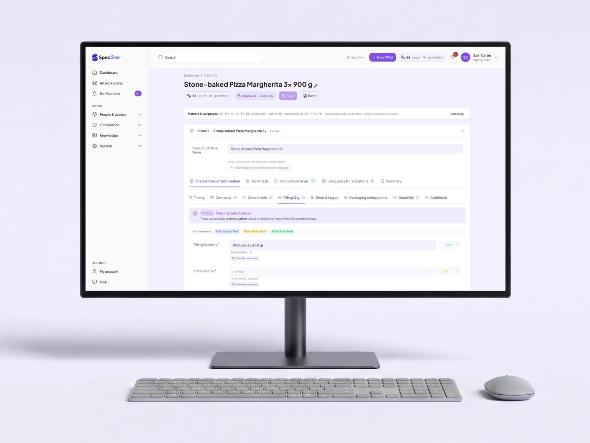 SpecOne™ product specification on a desktop monitor